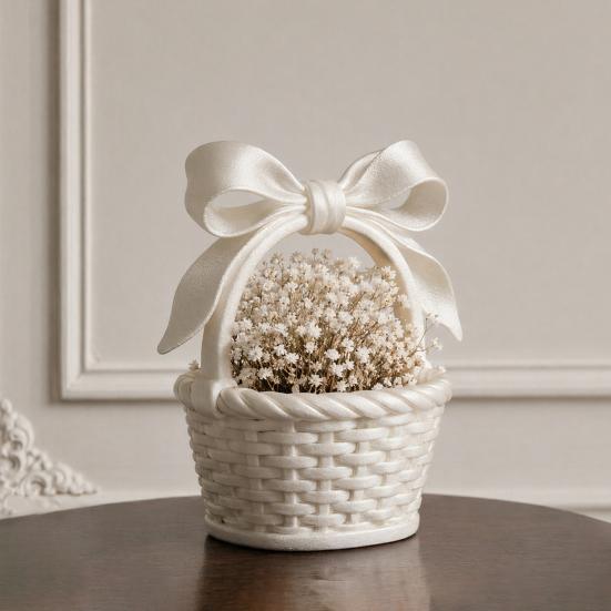 Mini Woven Basket with Handle Small Storage Basket with Bow Resin Desk Organizer for Dollhouse Accessory Home Decoration