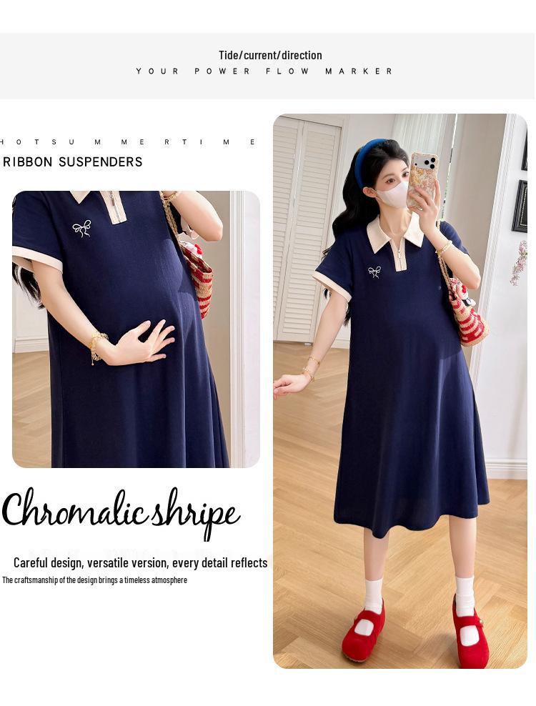Summer 2026 Maternity Color-Block Zipper Polo Dress - Casual Loose A-Line Mid-Length Skirt