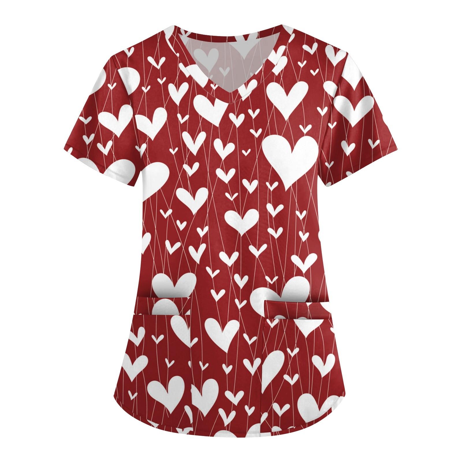 

Женская симпатичная принтованная рабочая одежда с V-образным вырезом, двухслойными карманами, базовым коротким рукавом, пуловером ко Дню святого Валентина XL арбуз красный