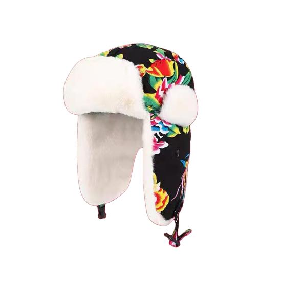 Lei Feng Hat Floral Pattern Thickened Plush Lining Northeastern Hat with Wide Brim Earmuffs Winter Outdoor Headwear