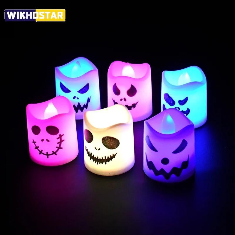 6pcs Halloween Led Ghost Pumpkin Candle Light Glowing Lamp Halloween Party Home Bar Decoration Haunted House Horror Props