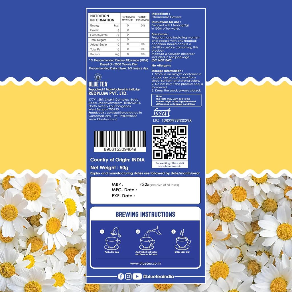 BLAUER TEE - Kamillentee zum Schlafen - 25 Teebeutel - Pflanzlich | Für einen guten Schlaf | Entspannung | Stressabbau | Koffeinfrei