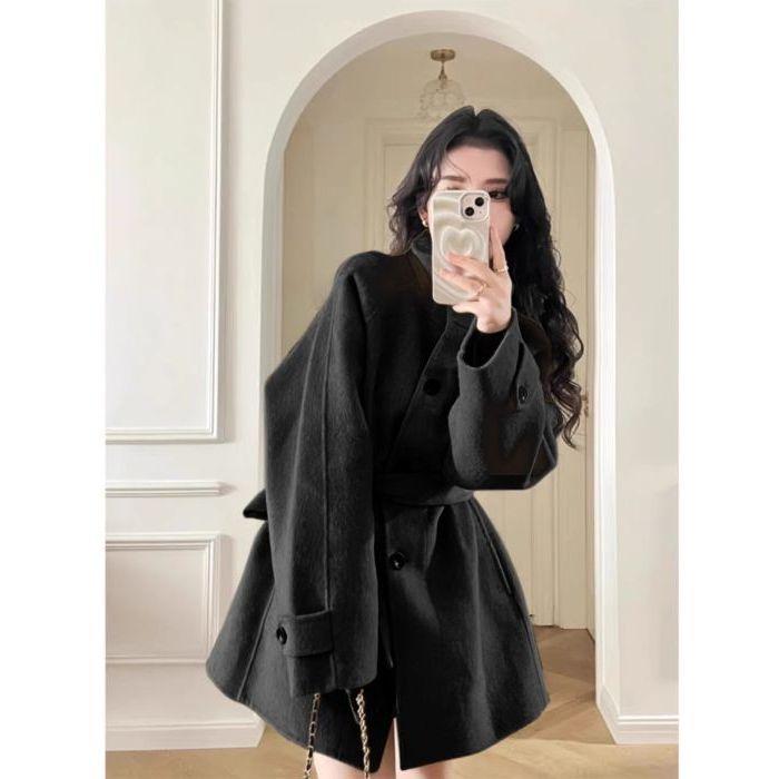 2025 Khaki Wool Coat: Petite Korean Style, High-End Autumn/Winter Fashion for Women