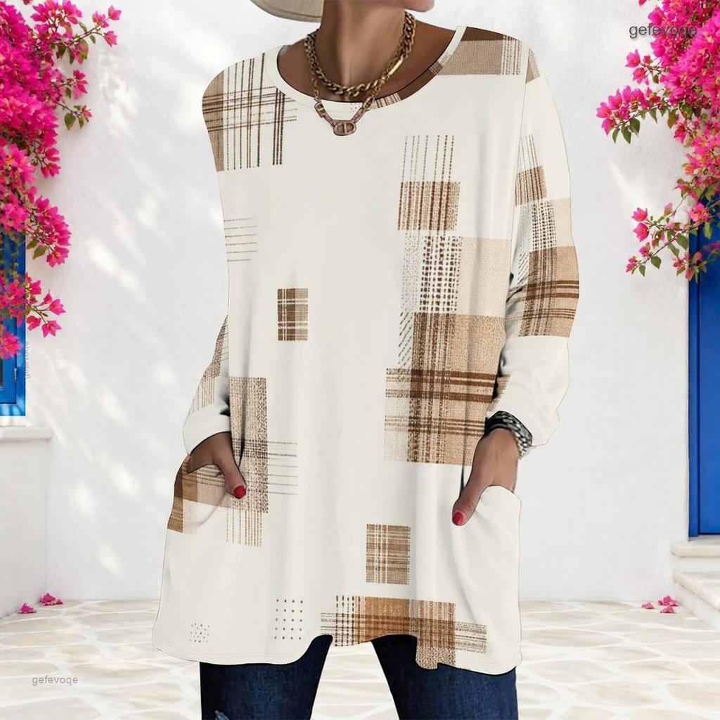 Women Plus Size Round Neck Long Sleeve Plaid Print T Shirt Loose Longline With Pockets