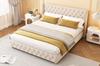 Upholstered Bed 160*200cm with Slatted Frame and Headboard, Button Tufting, Stud Upholstery, Wooden Legs, Velvet, Light Beige