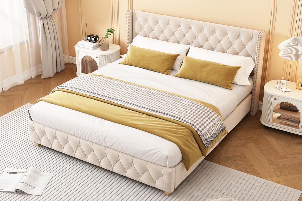Upholstered Bed 160*200cm with Slatted Frame and Headboard, Button Tufting, Stud Upholstery, Wooden Legs, Velvet, Light Beige