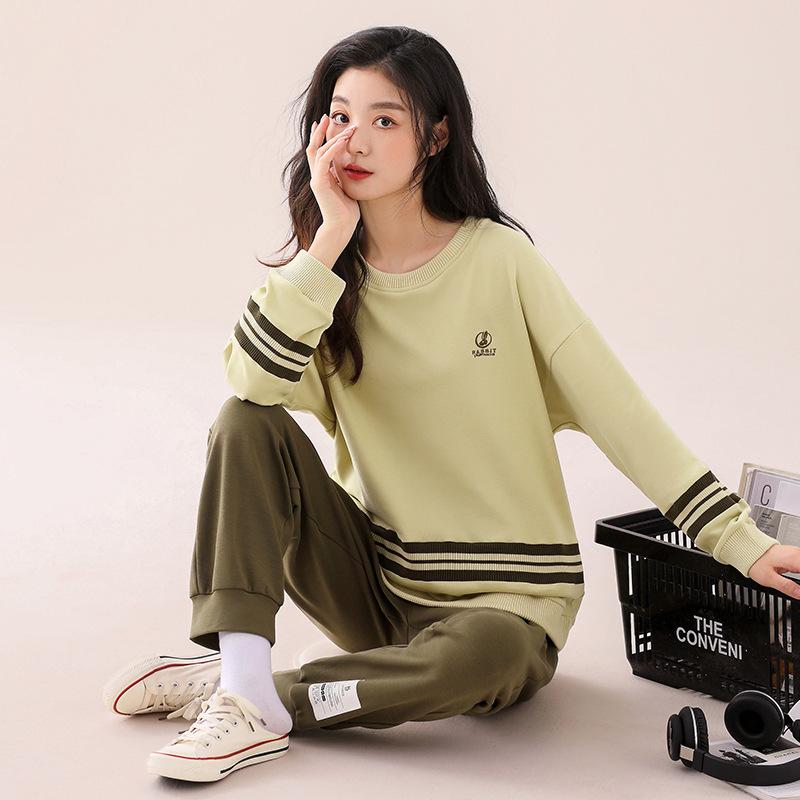 

[Мягкий хлопок] Пижама женская из чистого хлопка, с длинными рукавами и брюками, домашняя одежда, повседневный костюм 2XL