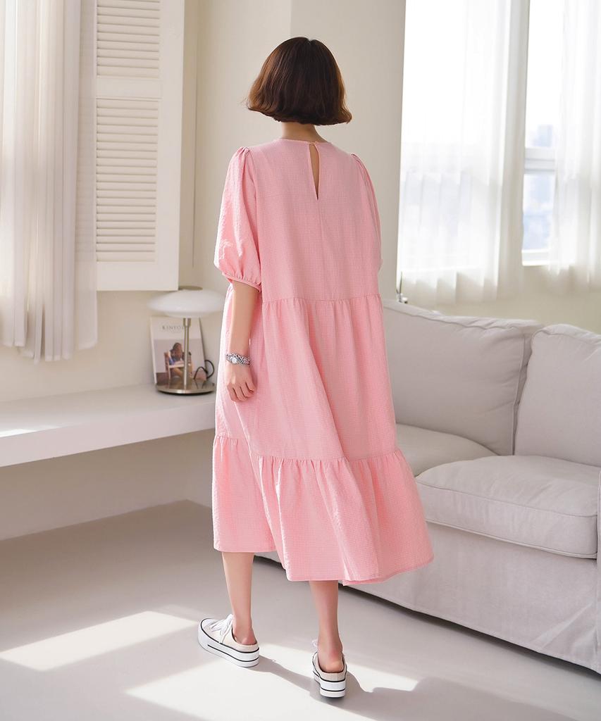 Ppaeppae Small Check Puff Sleeve Tiered Long Dress