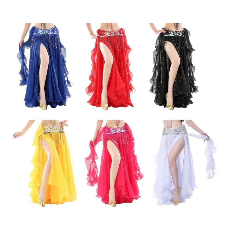 Women Belly Dance Wrap Skirt with Split Design Fashion High Waist Performances Skirt for Dancing Party and Stage Shows