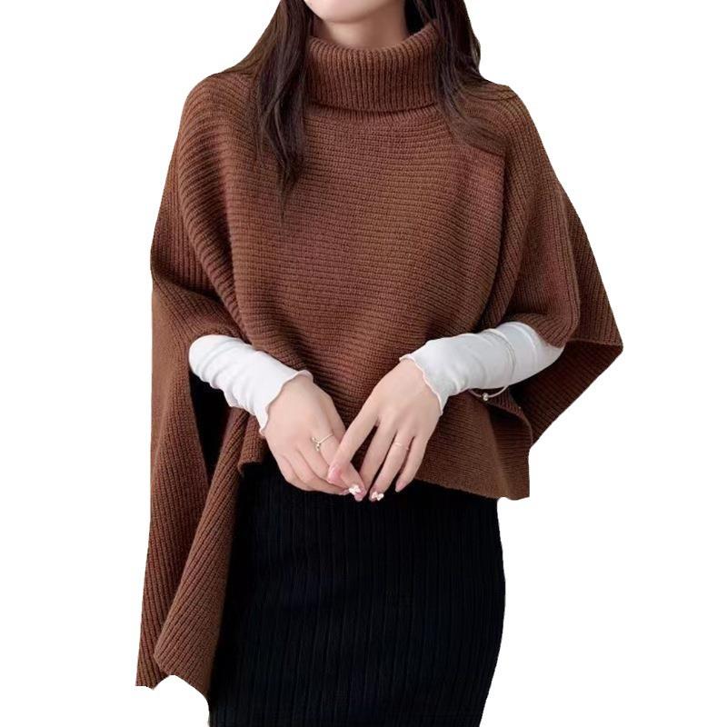 2024 Winter Cozy High Neck Knit Shawl Cloak with Irregular Batwing Sleeves