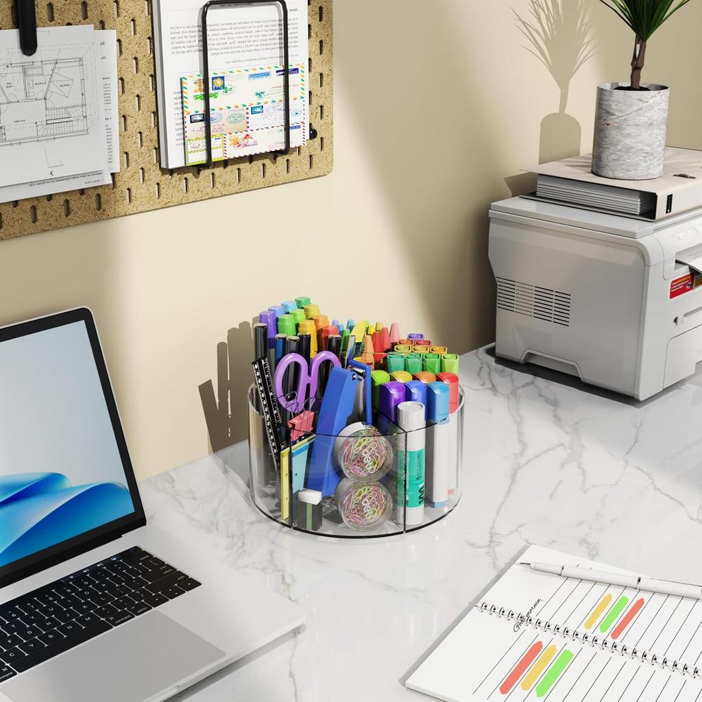 Acrylic Pen Holder, 360 Degree Rotating Pen Organizer, Rotating Desk Acrylic Office Organizer with 6 Compartments, Marker Organizer for Kid, Crayon
