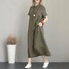 Polo Collar Cotton-Linen Short Sleeve Loose Pocket Dress