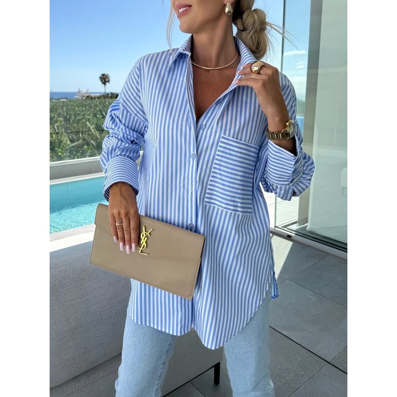 Cross-Border Western Style Spring and Autumn New Fashion Commuter Ol Single-Breasted Stripe Loose Long sleeve Shirts Top Shirt