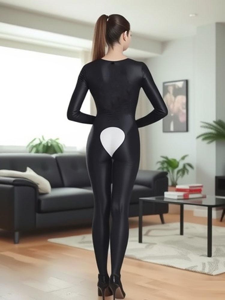 Erotic Crotchless Lingerie Women Full Body Jumpsuit Oil Shiny Elastic Bodysuit Long Sleeve Bodycon Yoga Sport Gym Fitness Romper
