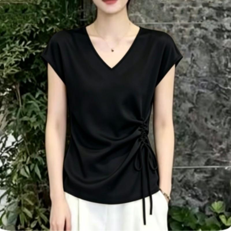 T-shirt Estiva da Donna con Scollo a V Leggera Camicia a Maniche Corte in Raso Design da Donna Top Elegante Aderente