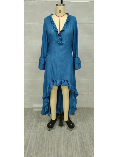 Women's Bohemian Pleated Ruffle Hem V-Neck Maxi Dress