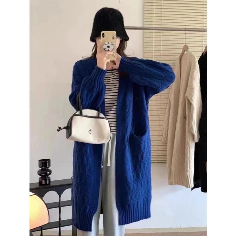 

Длинный универсальный вязаный кардиган женский осенне-зимний новый ленивый стиль свободный и тонкий модный свитер-жакет до колена One size синий