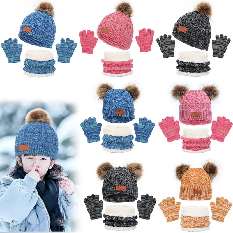 3PCS/set Kids Hat Scarf Gloves Set Baby Winter Warm Girls Boys Pompom Beanie Cap