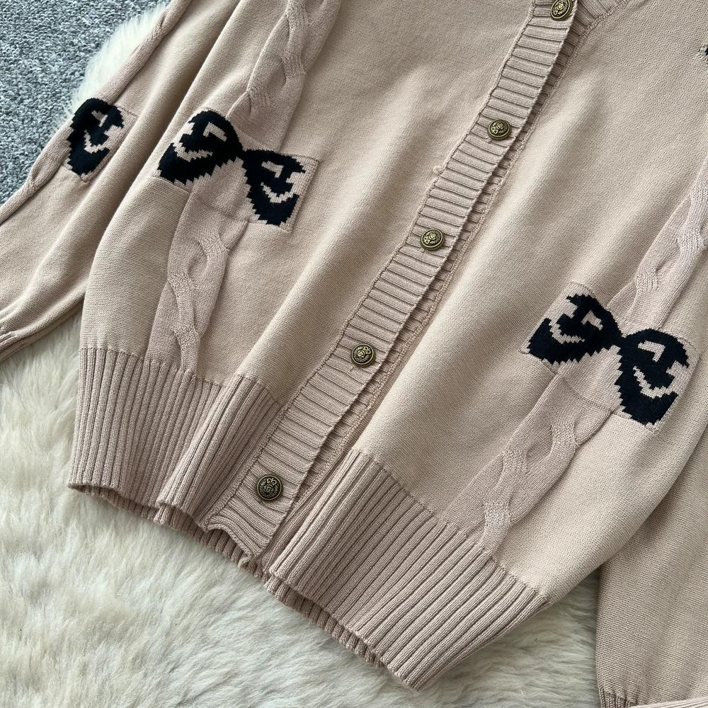 Autumn Winter Sweet Bow Jacquard Sweater and Pants Two-Piece Set Women's Knitted Cardigan High-Waisted Wide-Leg Pants Suits