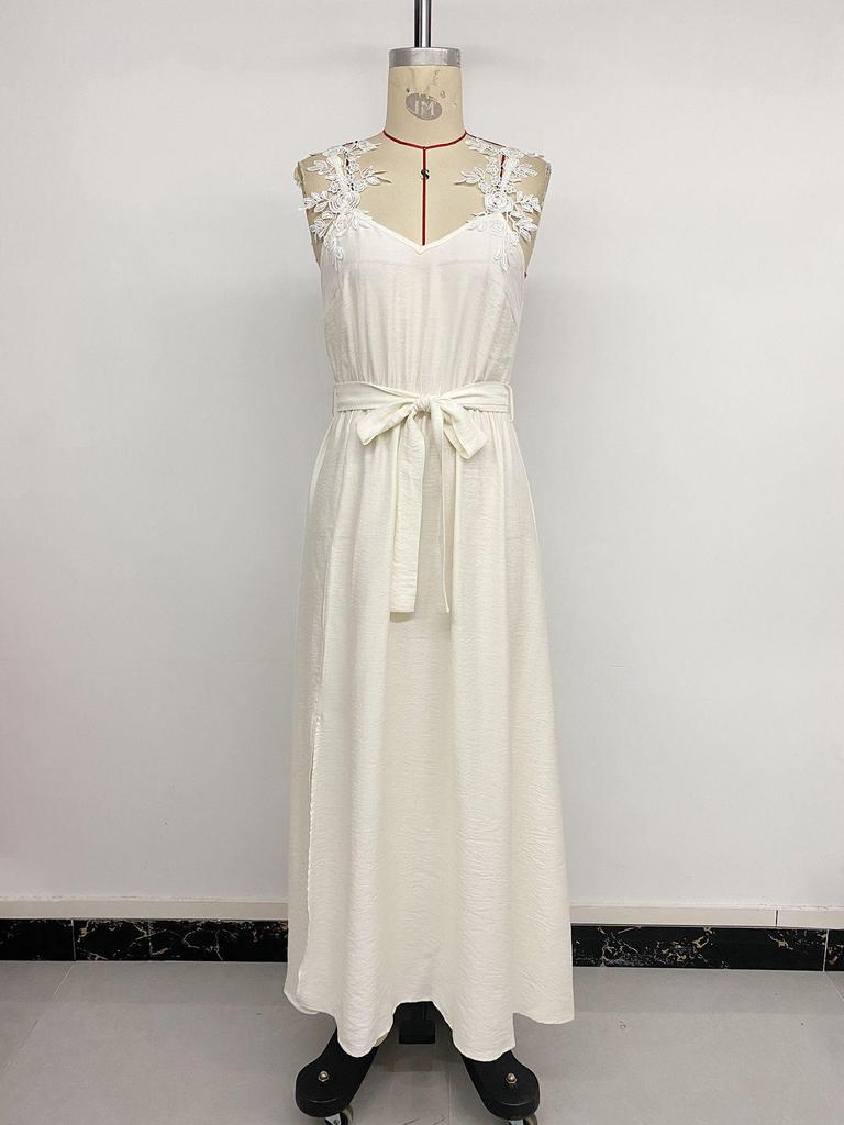 Women's Summer 2026 Floral Spaghetti Strap Maxi Dress with Waist-cinching Lace-up and Split