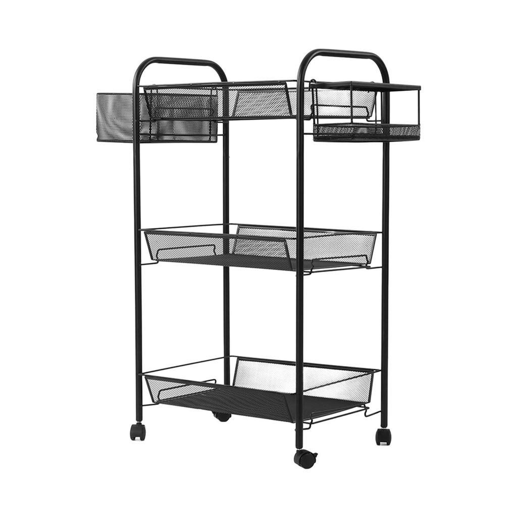 Metal Shelves Portable 3 Layers Black Pantry Organizer Bottom Pulley Storage Equipment for Bedroom