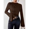 Herbst Neues Vielseitiges Raffdesign Glockenärmel Stehkragen Schlanke Passform Damen-T-Shirt