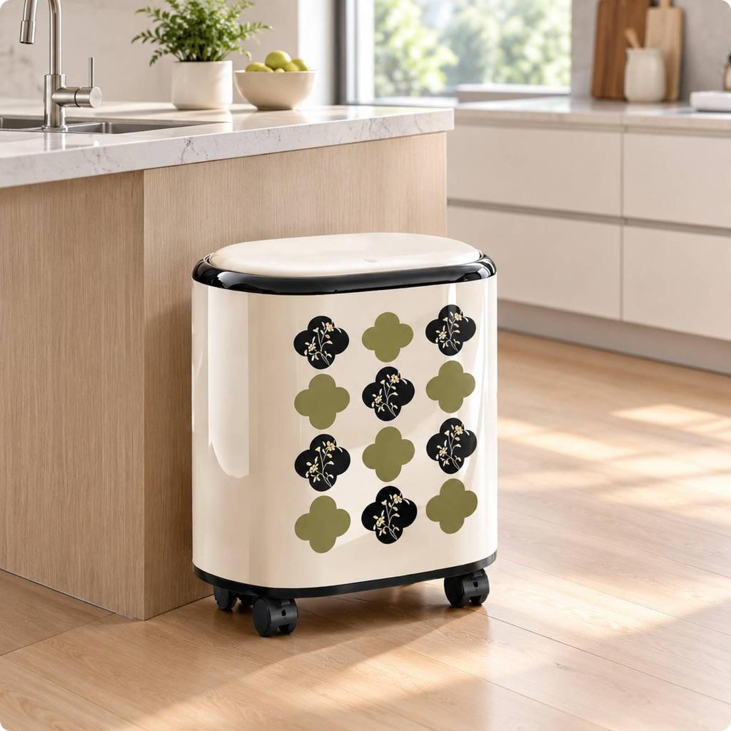 Wheeled Trash Bin with Floral Pattern Lidded Compact Rolling Waste Portable Can