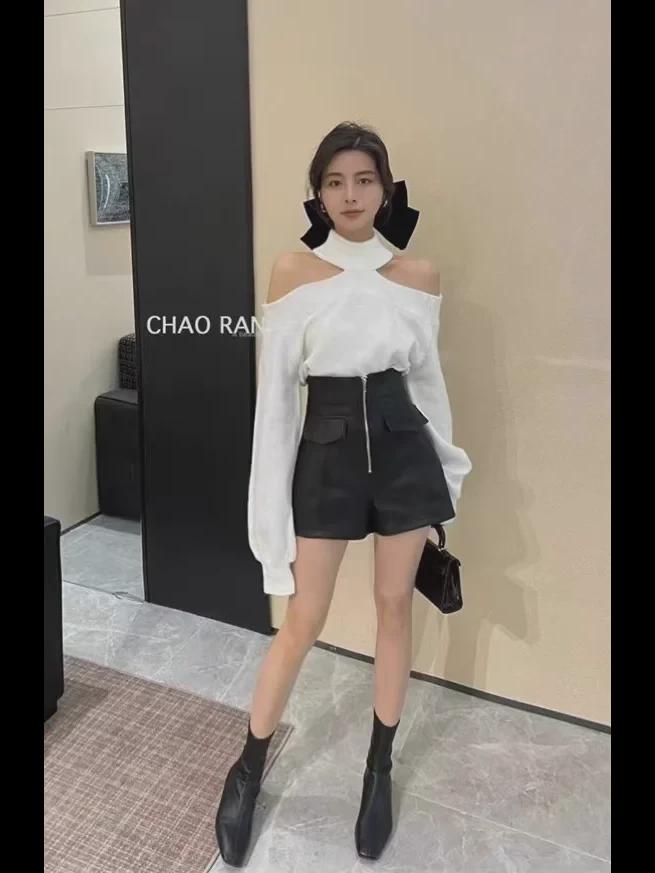 Women's High-Waist PU Leather Shorts, Autumn/Winter, Slim A-Line Wide-Leg Pants, Korean Style with Zipper.