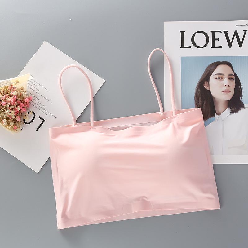 Seamless Ice Silk Strapless Bandeau Top with Padded Bra for Girls - Comfortable, Body-Hugging Camisole