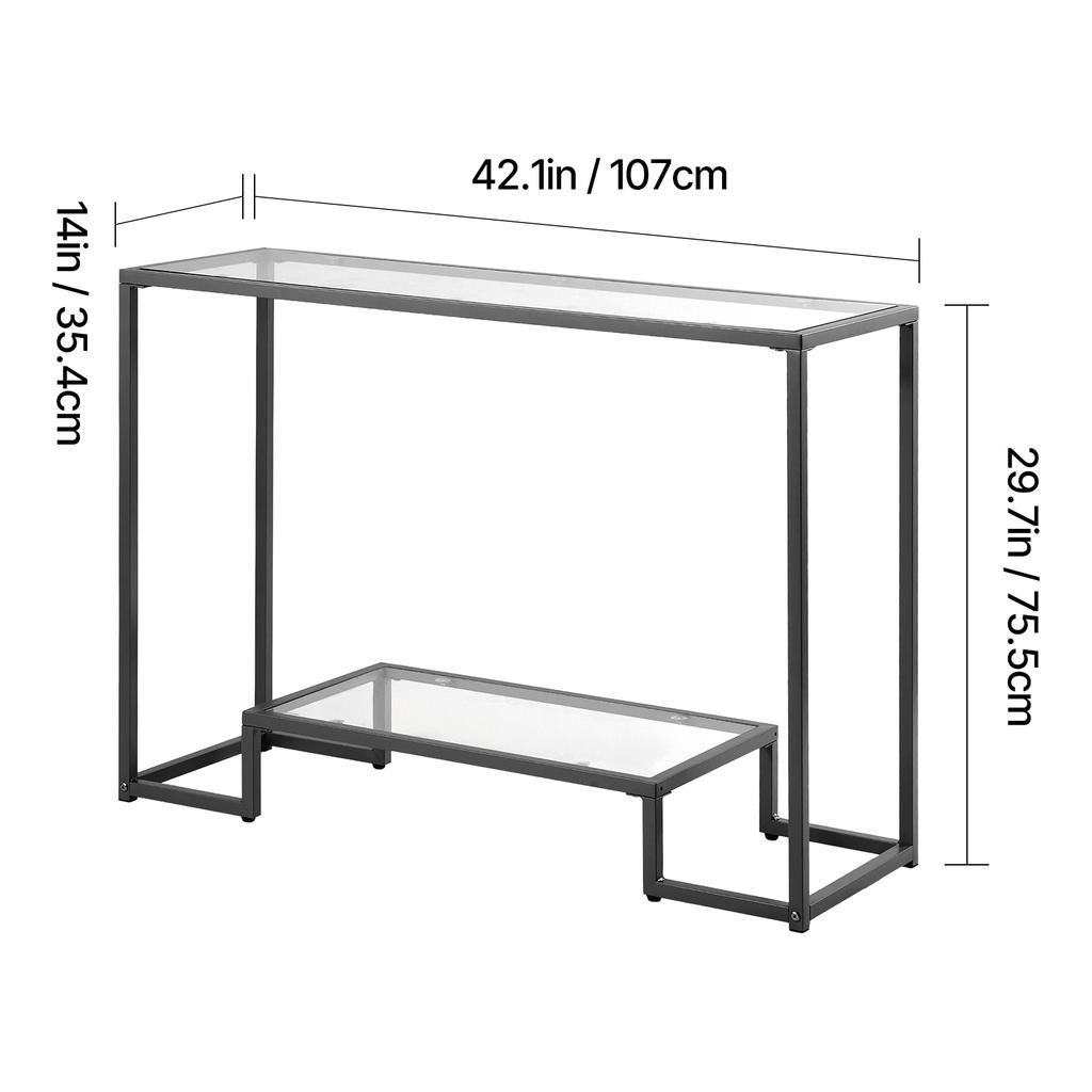 SucceBuy Glass Console Table Modern Rectangle Sofa Side Table with Tempered Glass Top and Iron Legs Consloe Desk for Living Room