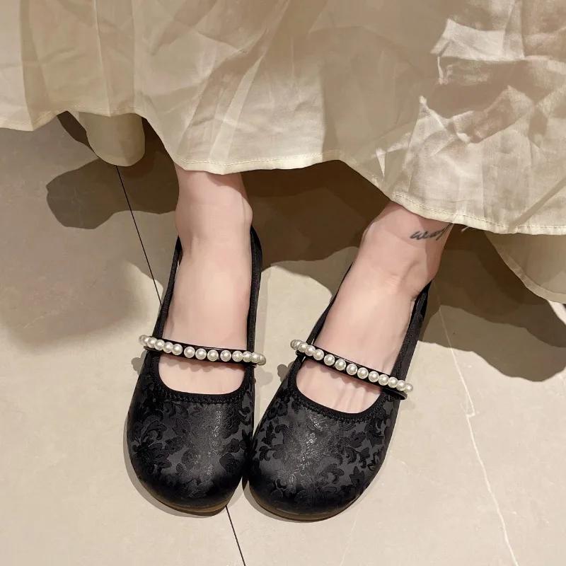 Modă 2024 Primăvară și Toamnă Nou Pantofi Oxford cu Vârf Rotund și Gură Joasă Decor cu Perle Pantofi Casual de Ocazie Mărimi Mari Zapatillas Mujer