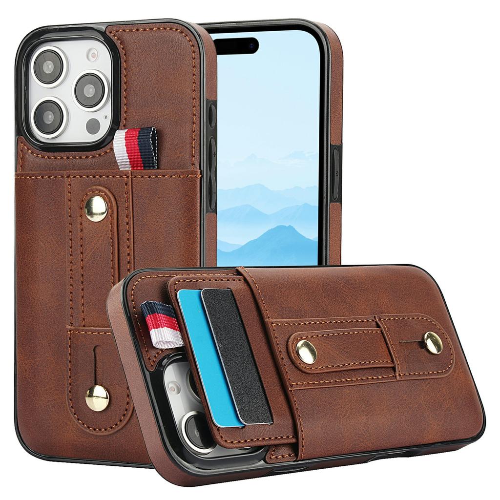 For iPhone 16 Pro Max Case PU Leather+TPU Hidden Card Holder Drop-proof Phone Cover with Kickstand