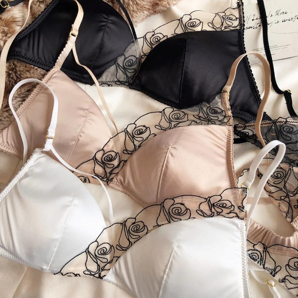 Summer Women Underwear Sexy Lace Embroidery Bra Set French Thin Cup Silken Wireless Bralette Ladies Lingerie Briefs With Thong