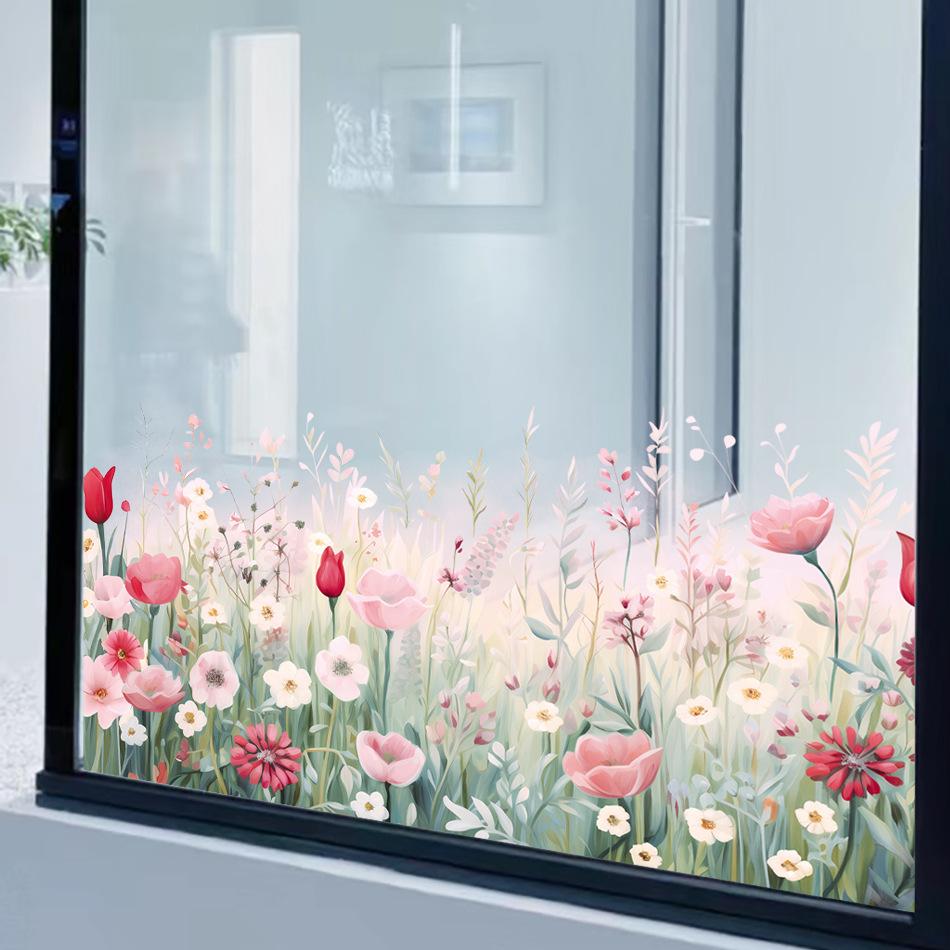 Creative Plants Wall Decals Pink Flowers Roses Baseboards Wall Stickers Decoration for Living Room Bedroom Waistline Home Decor