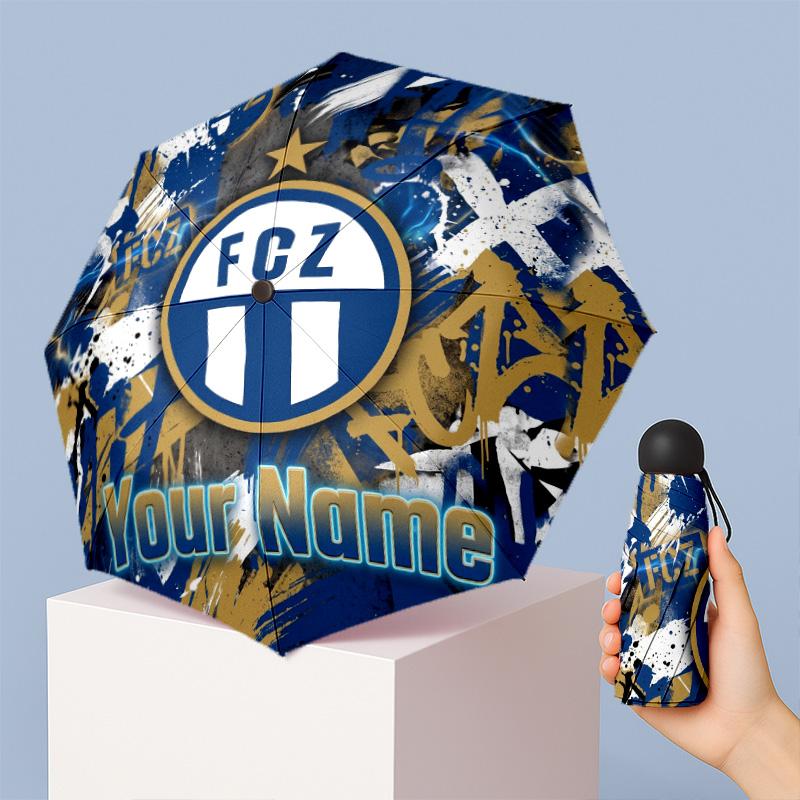 FC Zürich Manual Five Fold 8 Rib Umbrella Support Custom Text, Lightweight Travel Umbrella