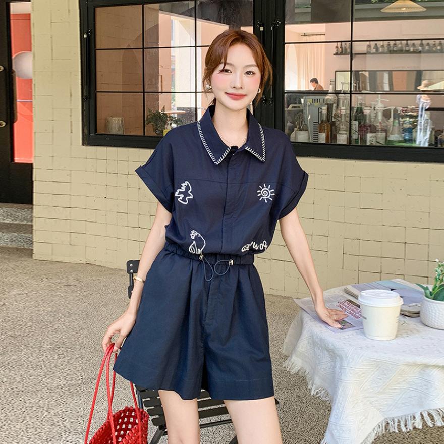 Casual waist jumpsuit women's summer new small popular relaxed embroidered jumpsuit