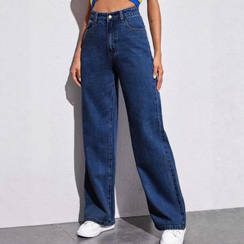 Women's High Waist Straight Leg Jeans, Loose Wide Leg Jeans, Light Blue Acid Wash Stretch Jeans with Pockets, Casual Office Trousers