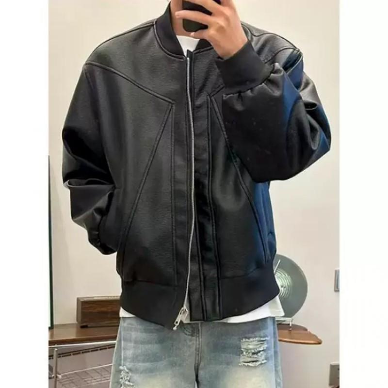 Mens Short PU Leather Harrington Jacket Casual Loose Fit Trendy Streetwear Teens
