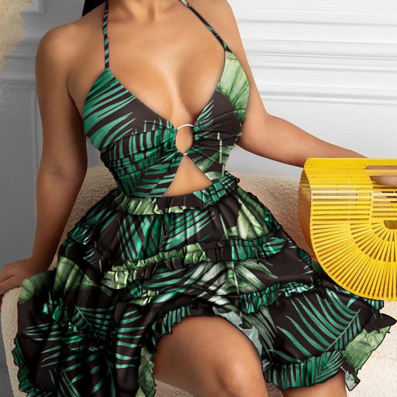 2026 Spring European & American Women's Sexy Halter Print Ruffle Dress