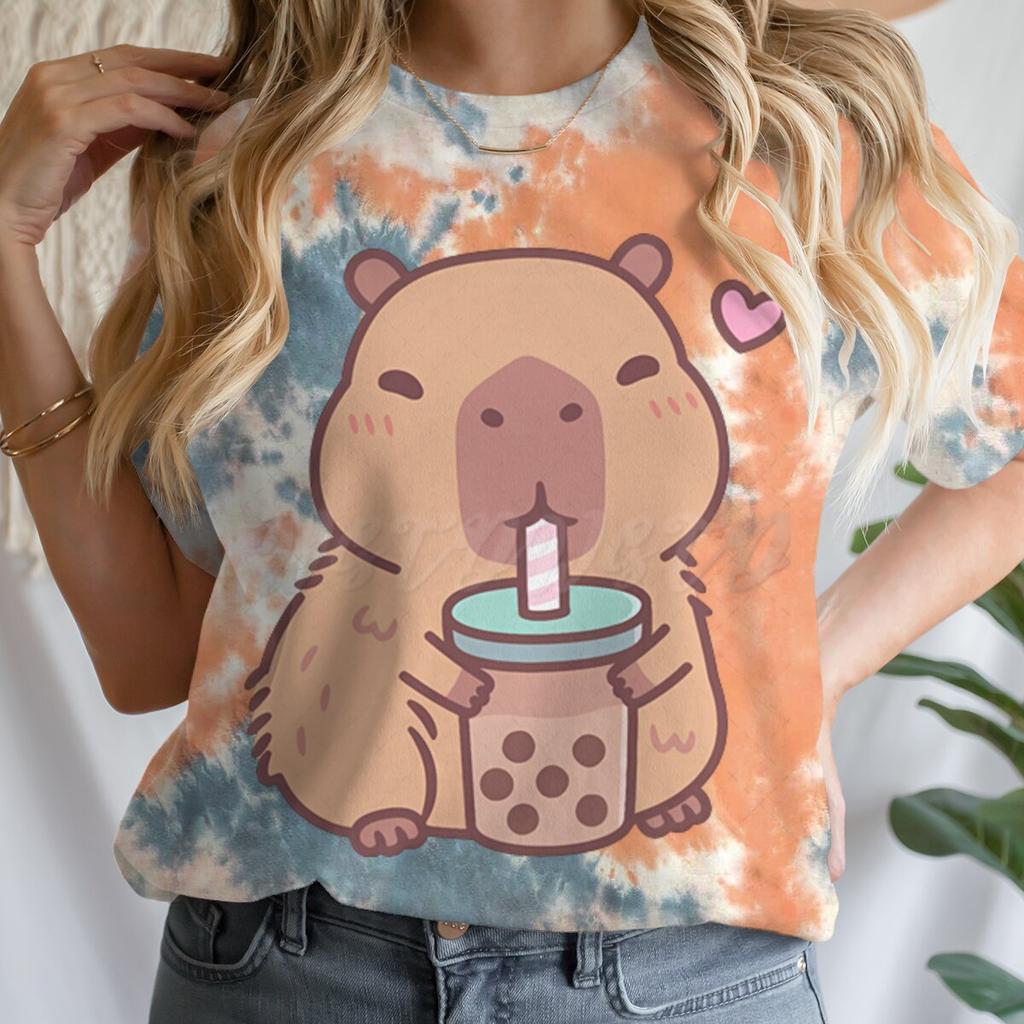 Tie Dye Animal Graphic Lover Gift Shirt Tee Capybara Kawaii Cartoon T-shirts Crew Neck Casual Summer Drink Tops