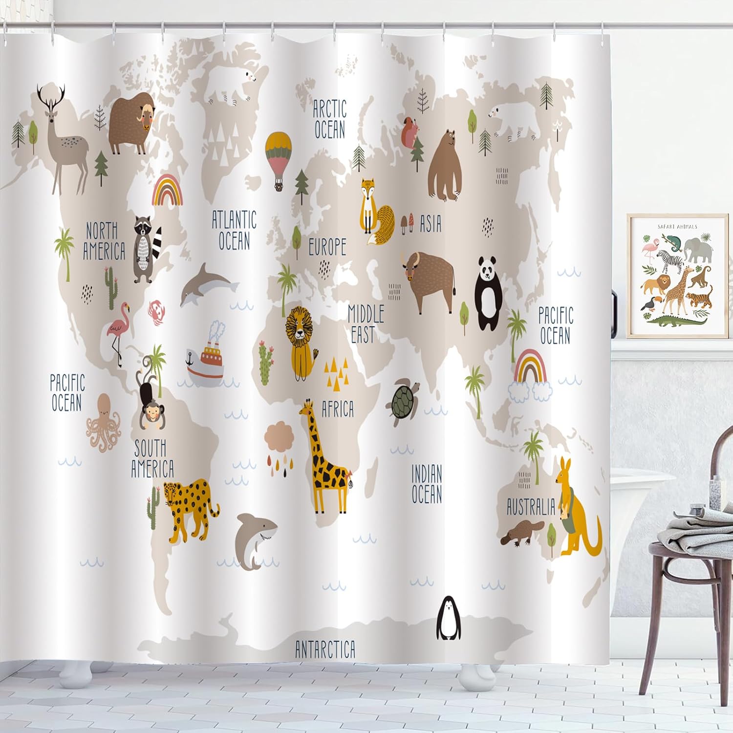 

Kids World Map Shower Curtain with Cartoon Animal Pattern, Educational Waterproof Polyester Fabric for Children s Bathroom Decor 90x180cm35x71in