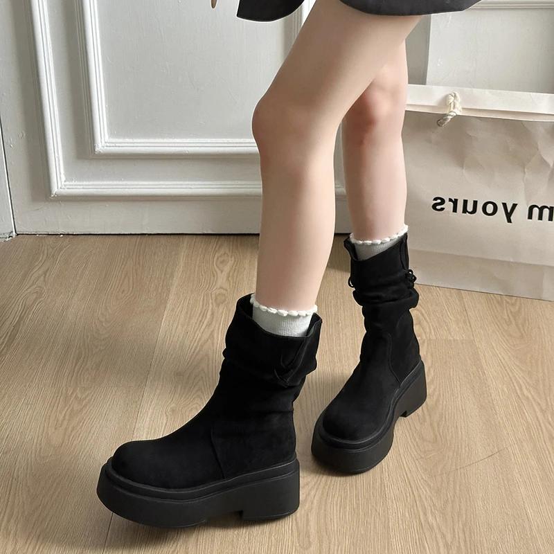 Vintage Platform Thick Bottom Women Western Ankle Boots Fashion Tassel  Slip On Shoes Autumn Winter Female Chunky Short Booties