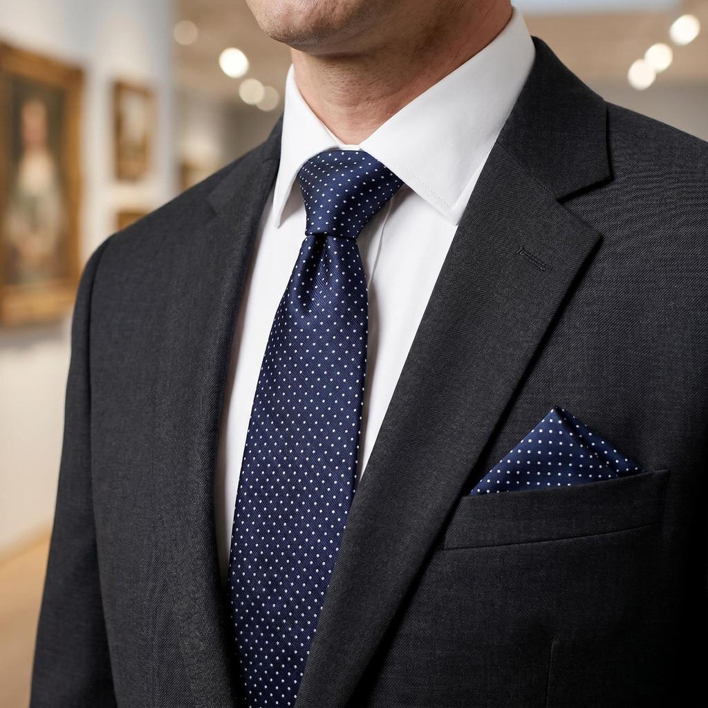SHLAX&WING Men's Long Narrow Tie and Pocket Square Set, Blue Dot Pattern, Silk, 147cm x 6cm