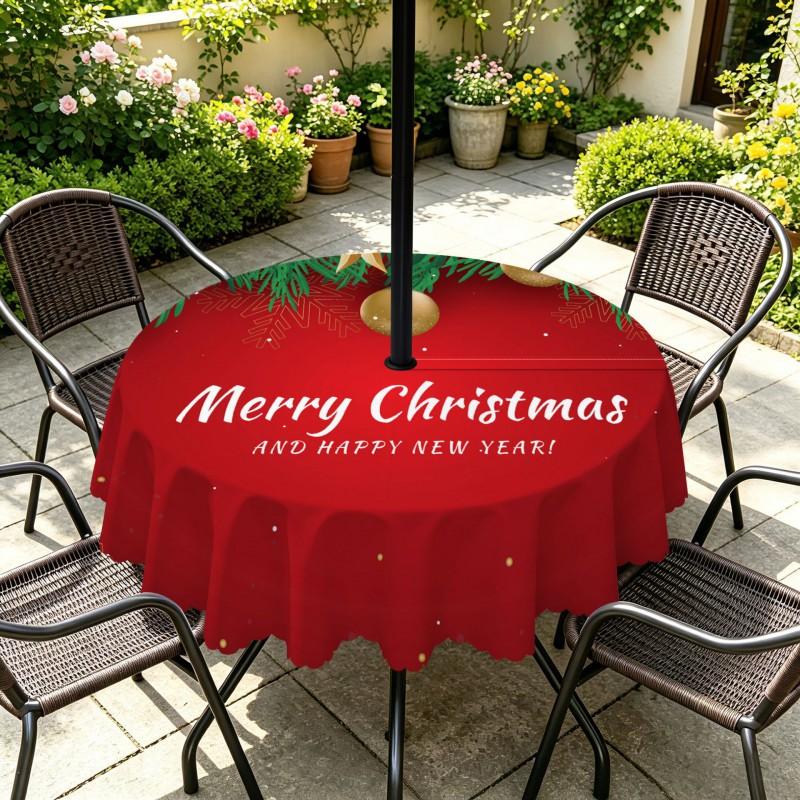 Outdoor Christmas Tablecloth Round Waterproof Oil-Resistant Patio Table Cover Garden Deck Umbrella Hole