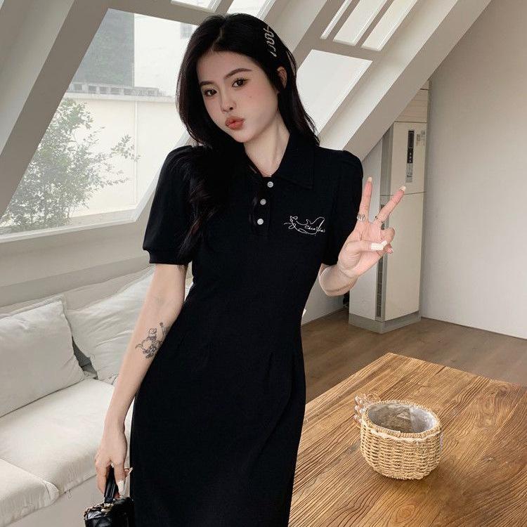 Plus Size Short Sleeve Backless Bow Polo Collar Dress - New Summer 2026 Slimming Waist Little Black Dress for Women