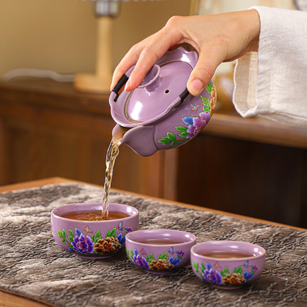 Ru Kiln Beige Travel Tea Set One Pot Three Cups Portable Blue and White Ceramic Hand Grab Pot Gift