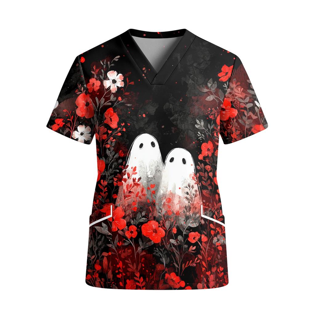 Women V Neck Short Sleeve Work Top with Pockets Halloween Pumpkin Print Medical Scrub Shirt Lightweight Comfortable Fit