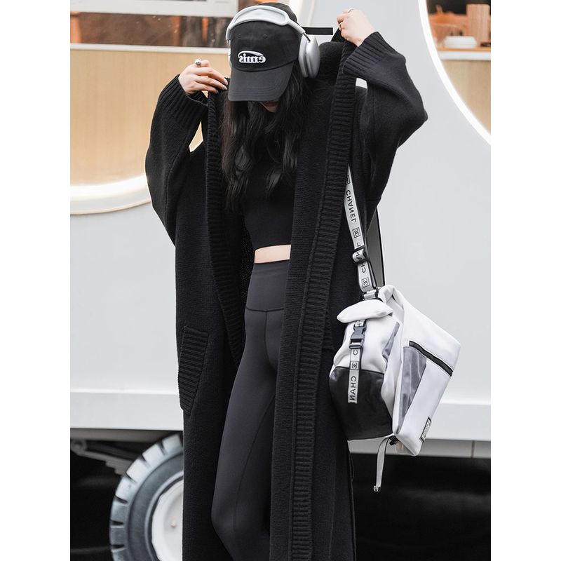 

Зима Новая Модная Мода Ветер Длинный Шерстяной Вязаный Кардиган с Капюшоном Женский Свободный Минималистичный Ветрозащитный Свитер Большое Пальто Black S