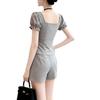 2026 Retro Puff Sleeve Two-Piece Women's Summer Set: Slim Short Sleeve Top & Shorts