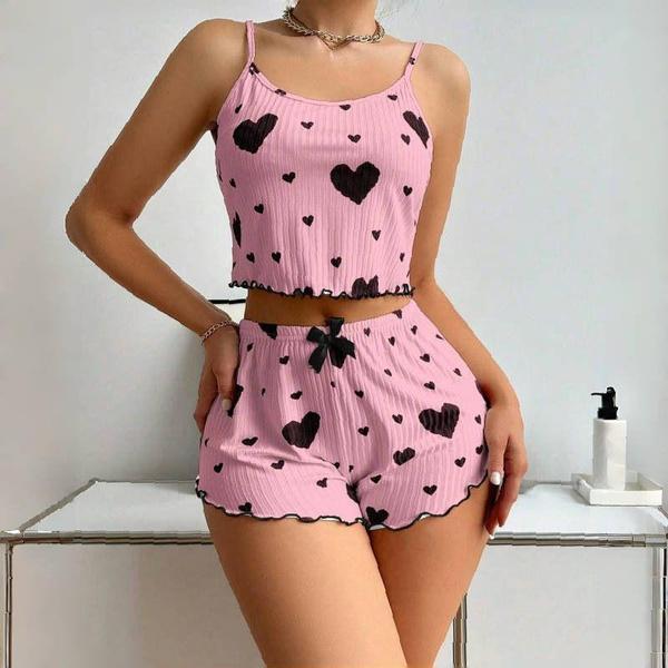 Fashion Women Pajama Sets Love Print Sleeveless Top Shorts 2 Piece Sleepwear Casual Fashion Nightwear Femme Pyjamas Tops Pants Suit